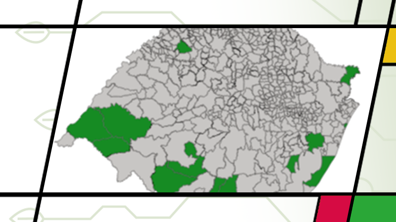 Imagem do Mapa do RS em cinza com delimita&ccedil;&atilde;o dos munic&iacute;pios e alguns est&atilde;o coloridos em verde.