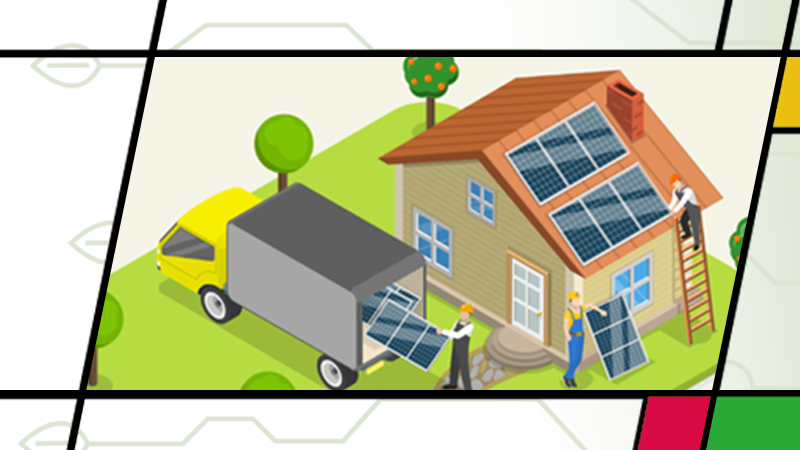 Desenho de uma casa com instala&ccedil;&atilde;o de placas solares no telhado e um caminh&atilde;o descarregando as placas.